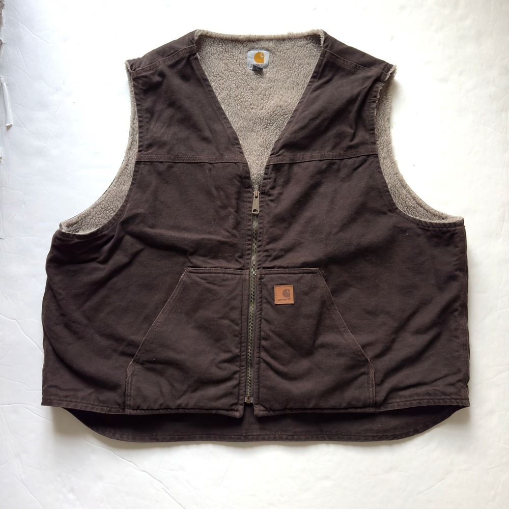 Carhartt Sandstone Sherpa Lined Vest Mens 3XL Brown Duck Canvas Workwear Zip
